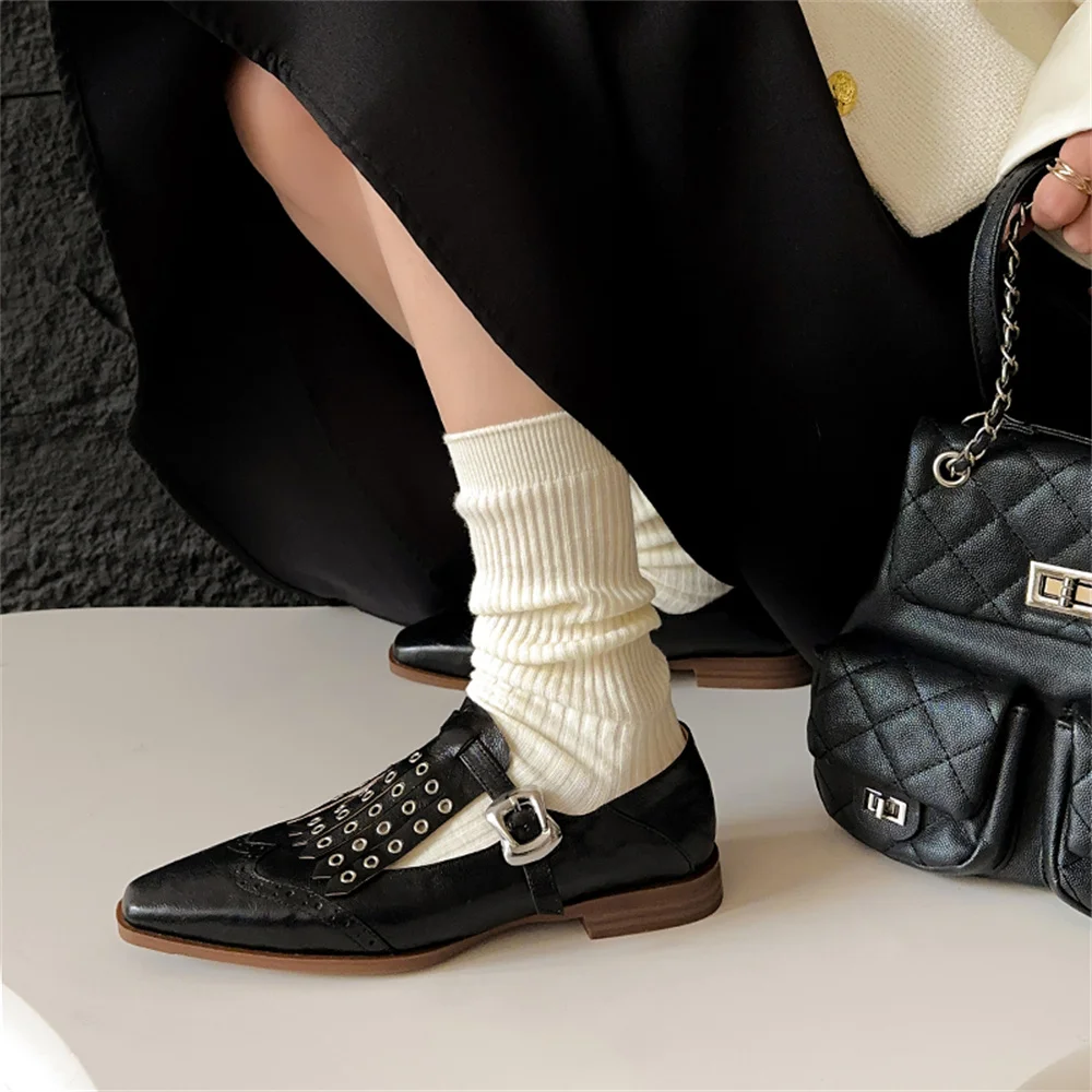 Punk rivet genuine leather low heel pumps - Image 3