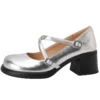 Round toe leather mary janes with thick heels