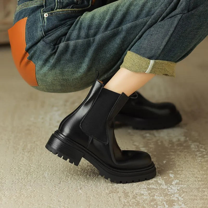 Chelsea boots slip on round toe platform ankle boots genuine leather - Image 10