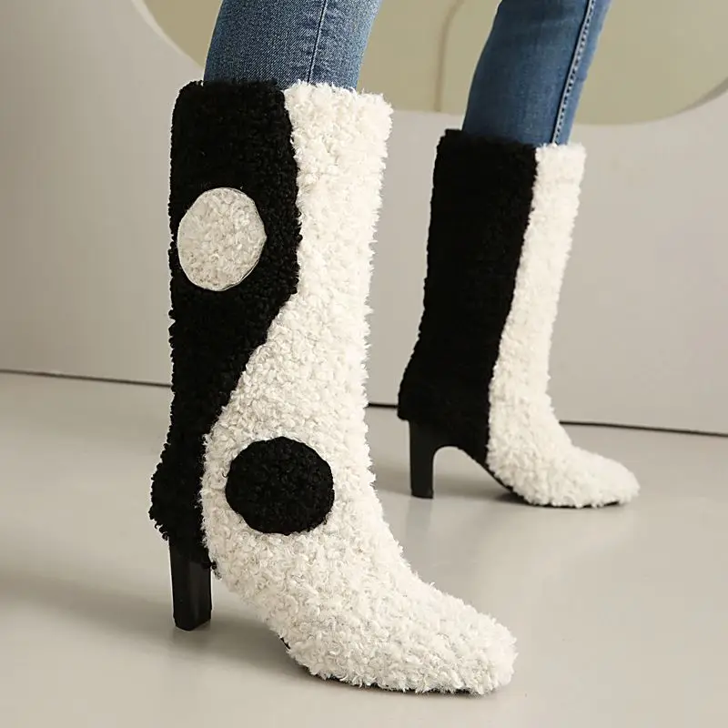 Winter warm plush high heel boots slip-on outdoor mid calf - Image 2