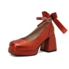 Block heel ankle strap platform pumps with bowknot