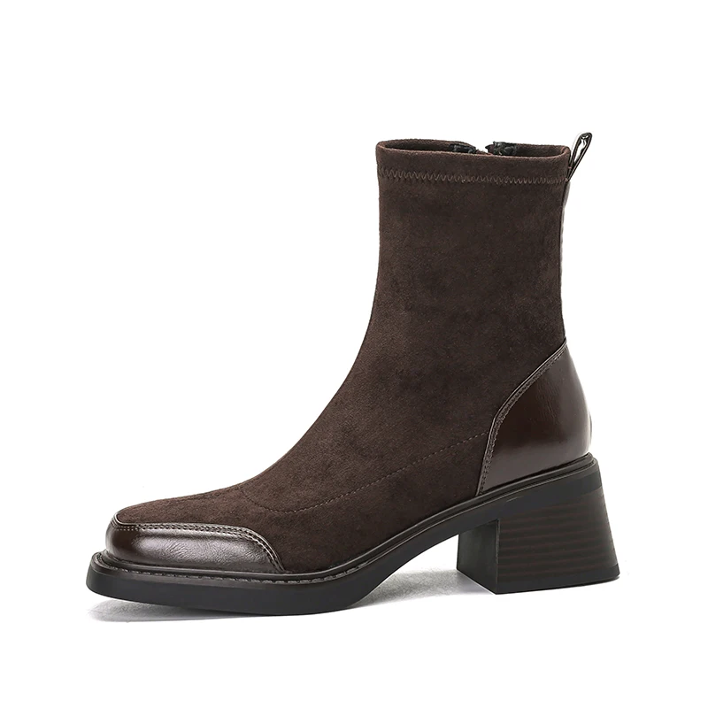 Stretch fabric chunky heeled ankle boots in black and brown - Image 4