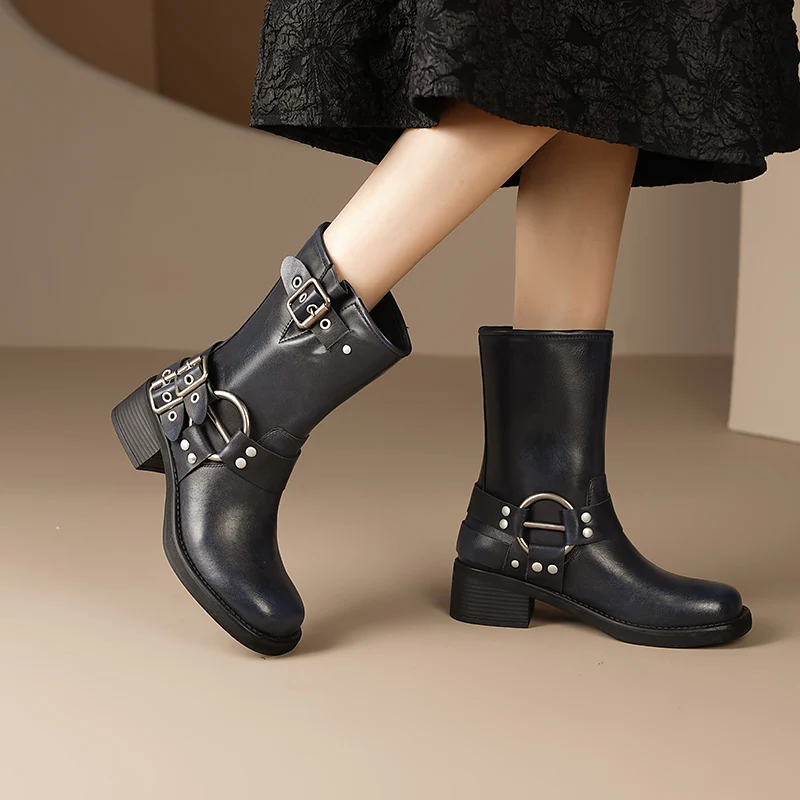 Genuine leather mid calf slip on motorcycle boots - Image 5