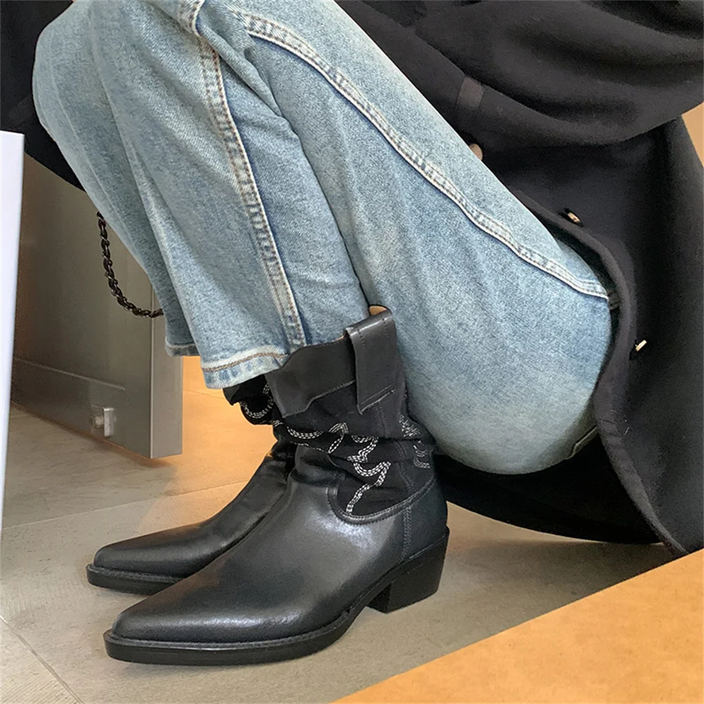 Black and white leather mid-calf cowboy boots - Image 3