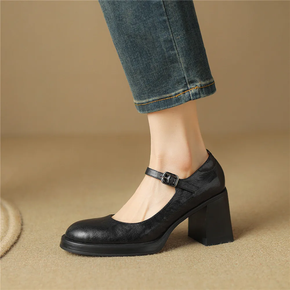 Genuine leather round toe high heels mary janes shoes - Image 5