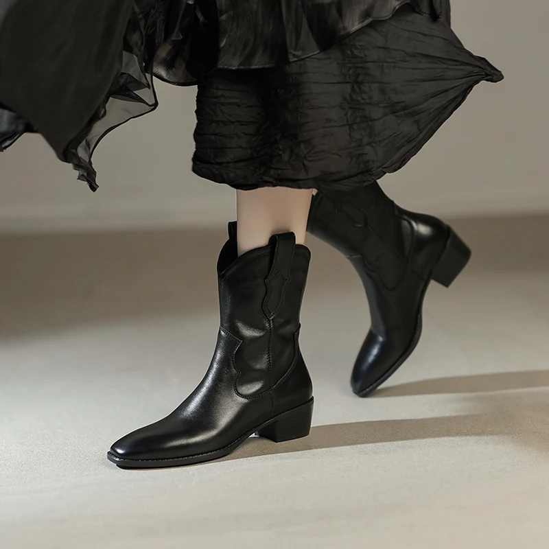 Retro square toe slip on mid calf boots with square heels in genuine leather - Image 6