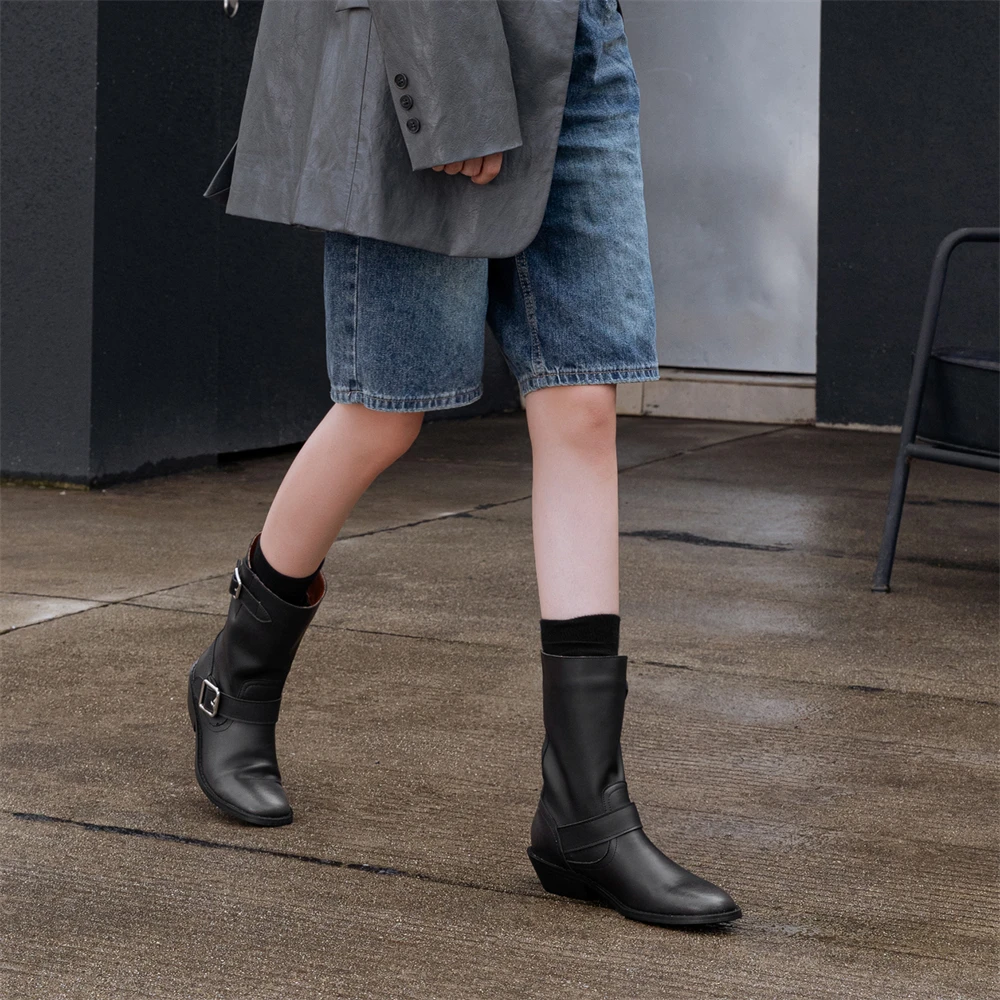 Mid-calf leather motorcycle boots with metal decoration - Image 4