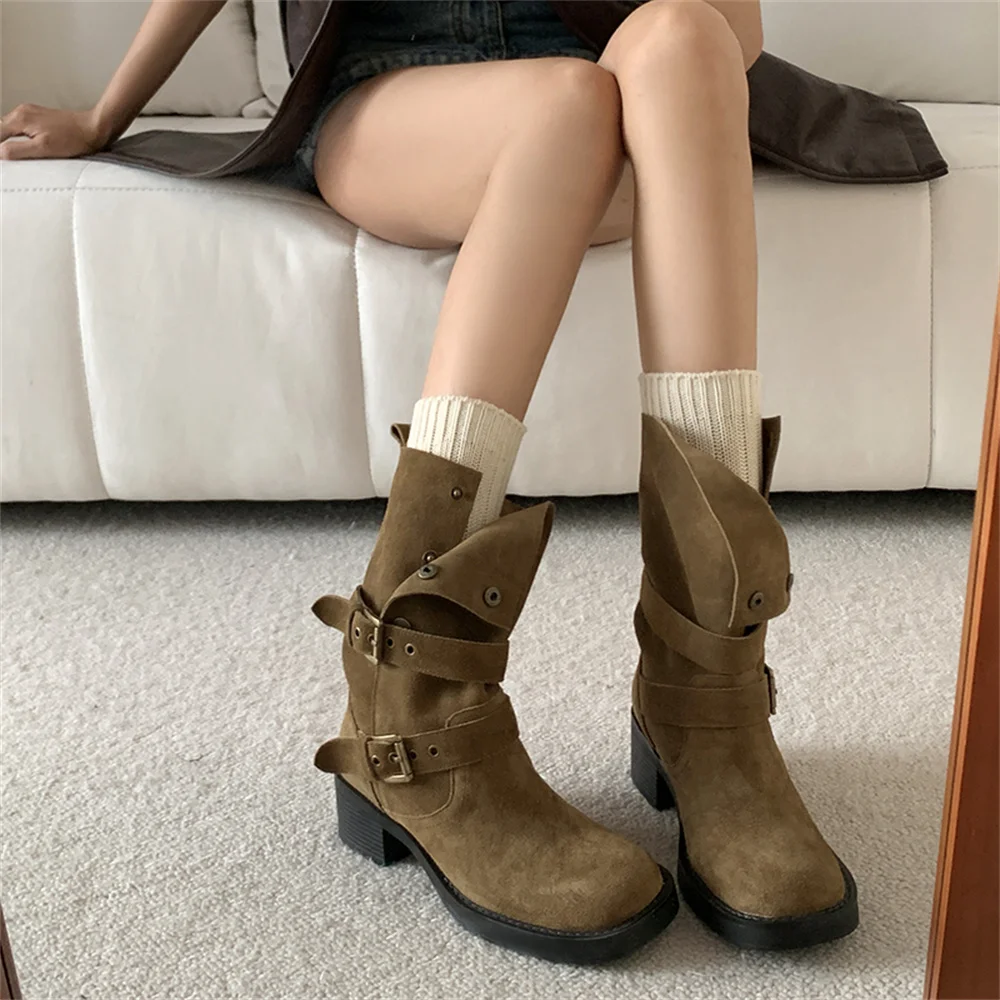 Suede leather mid-calf motorcycle boots with thick heels and buckles - Image 5