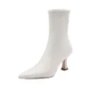 Stretch fabric ankle boots with high heels and pointed toe