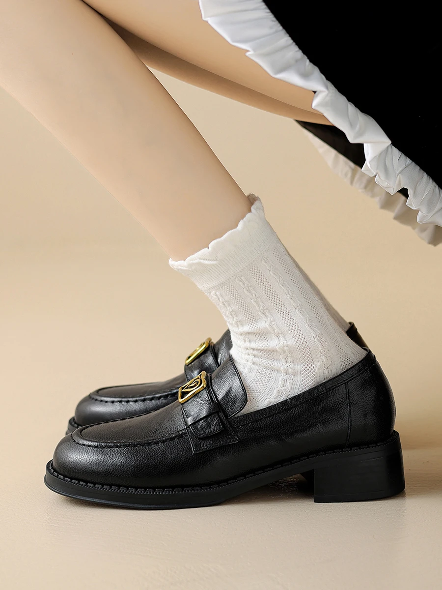 Genuine sheepskin leather loafers with metal decoration and block heel - Image 5