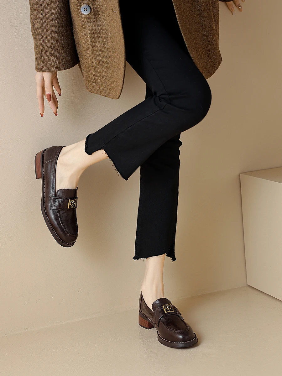 Genuine sheepskin leather loafers with metal decoration and block heel - Image 2