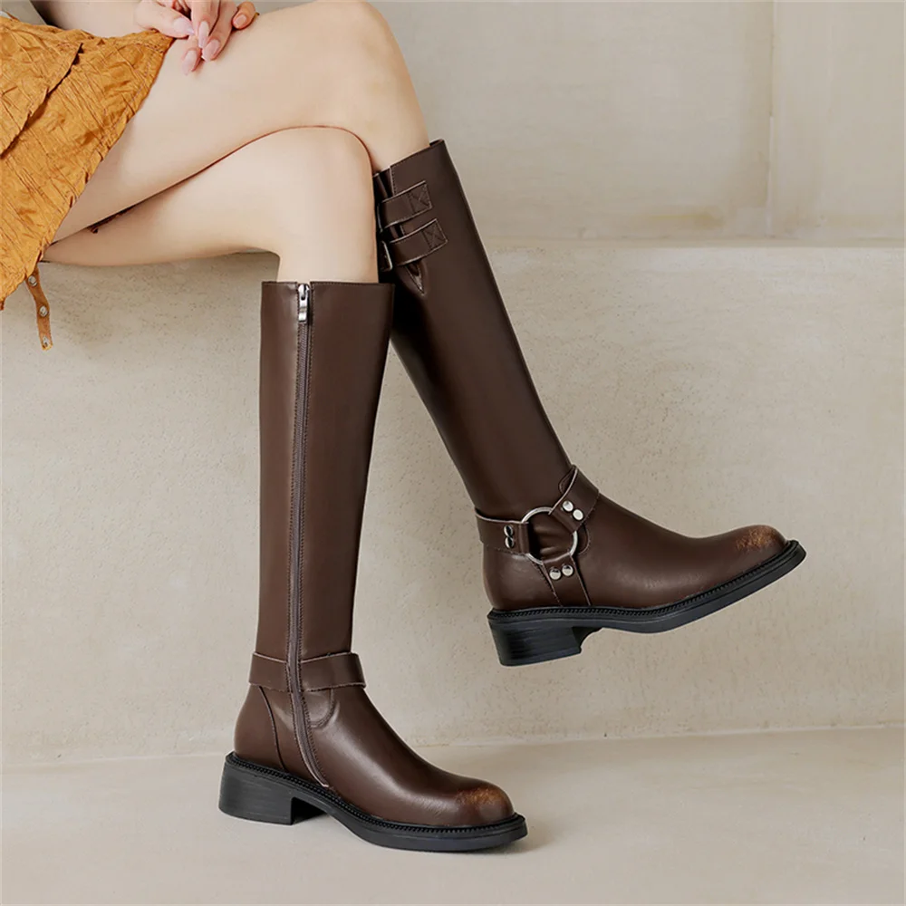 Genuine leather knee high buckle boots for women - Image 4