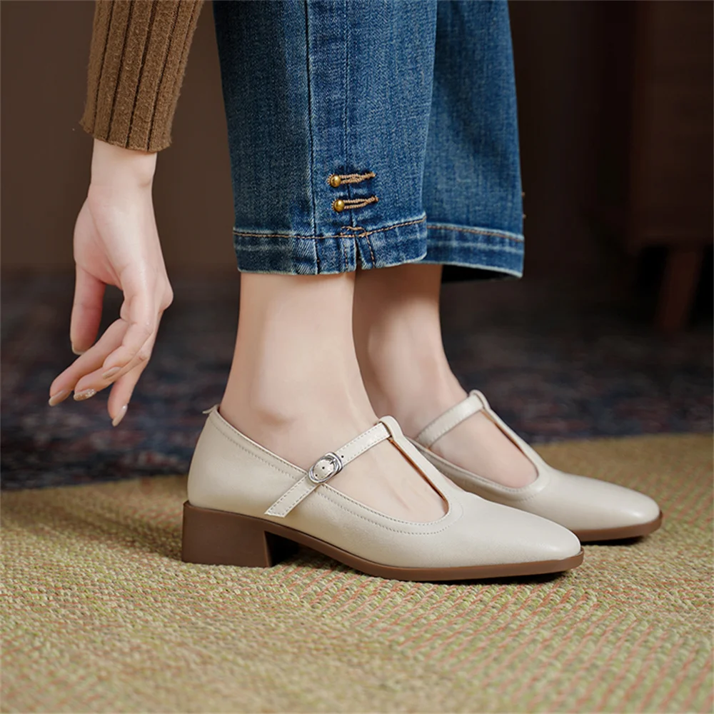 Genuine leather t-strap high heel pumps - Image 2