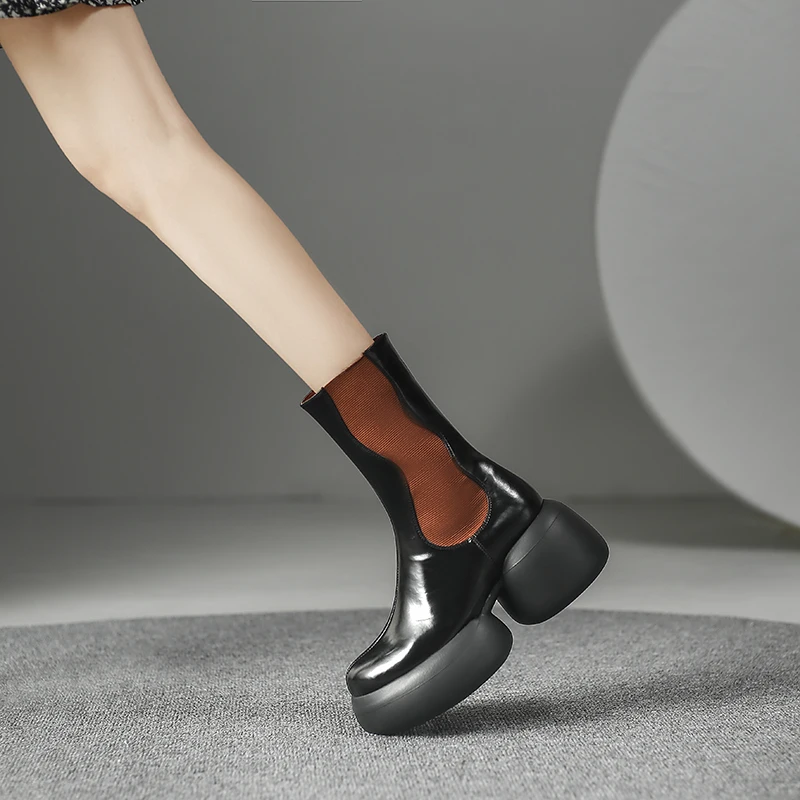 Mixed color platform mid calf leather chelsea boots - Image 10