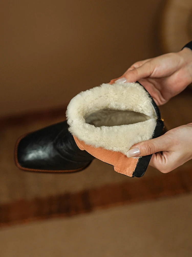 Genuine sheepskin leather wool ankle boots with chunky heel - Image 6