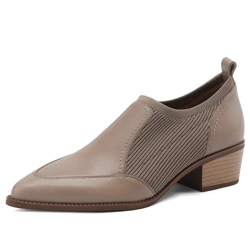 Sheepskin leather pointed toe slip-on pumps with square med heels - Image 3