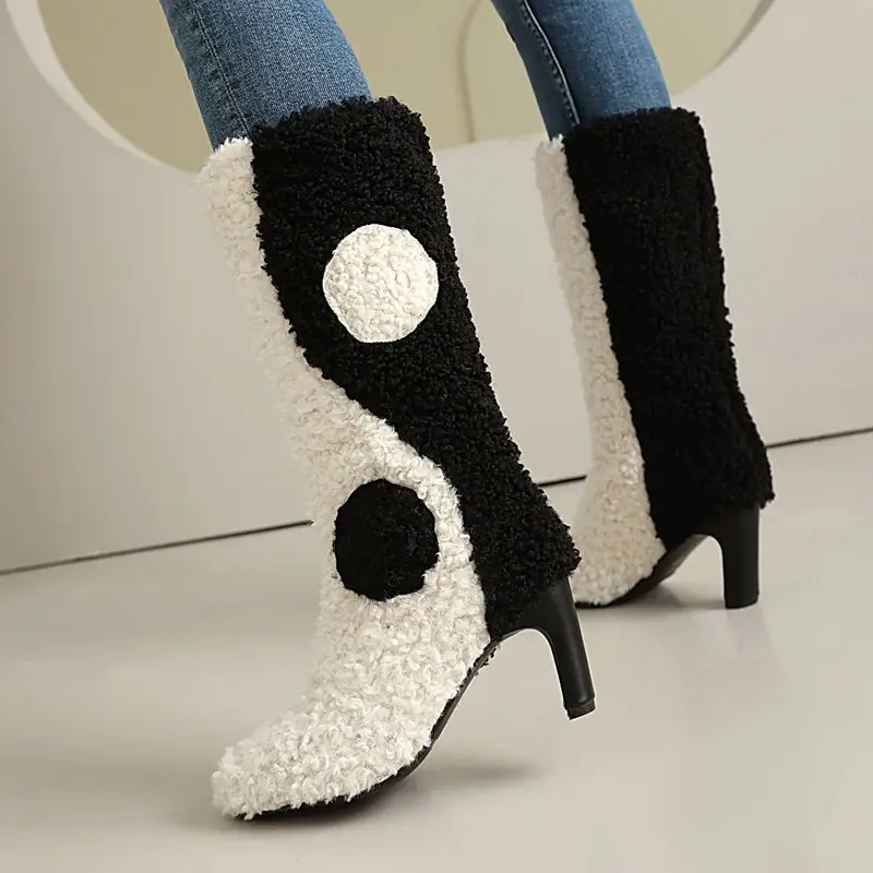 Winter warm plush high heel boots slip-on outdoor mid calf - Image 4