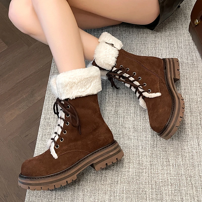 Suede leather snow boots with plush fur and thick heels - Image 4