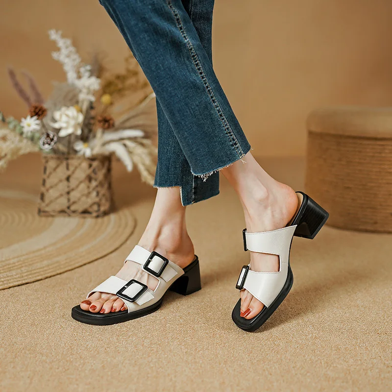 Genuine leather chunky heeled sandals open toe casual shoes - Image 2