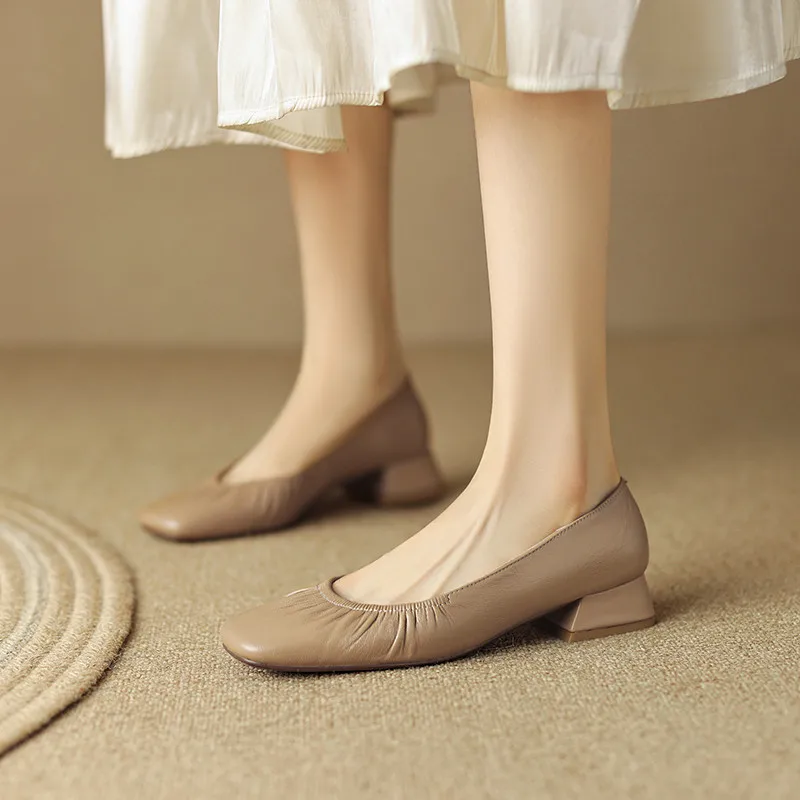 Low heels genuine leather square toe pumps - Image 3