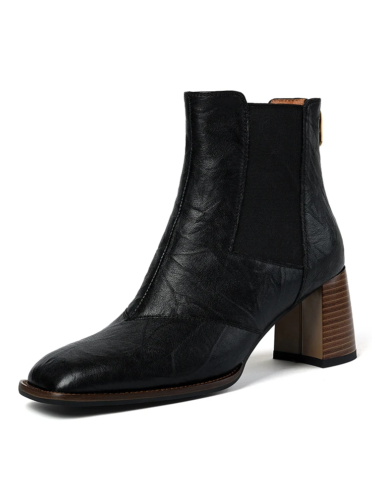 Genuine sheepskin leather wool ankle boots with chunky heel - Image 3
