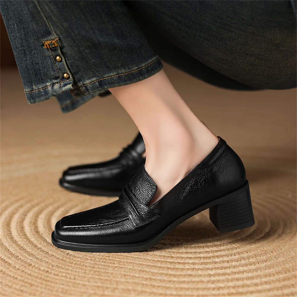 Retro genuine leather high heel pumps with square toe - Image 6