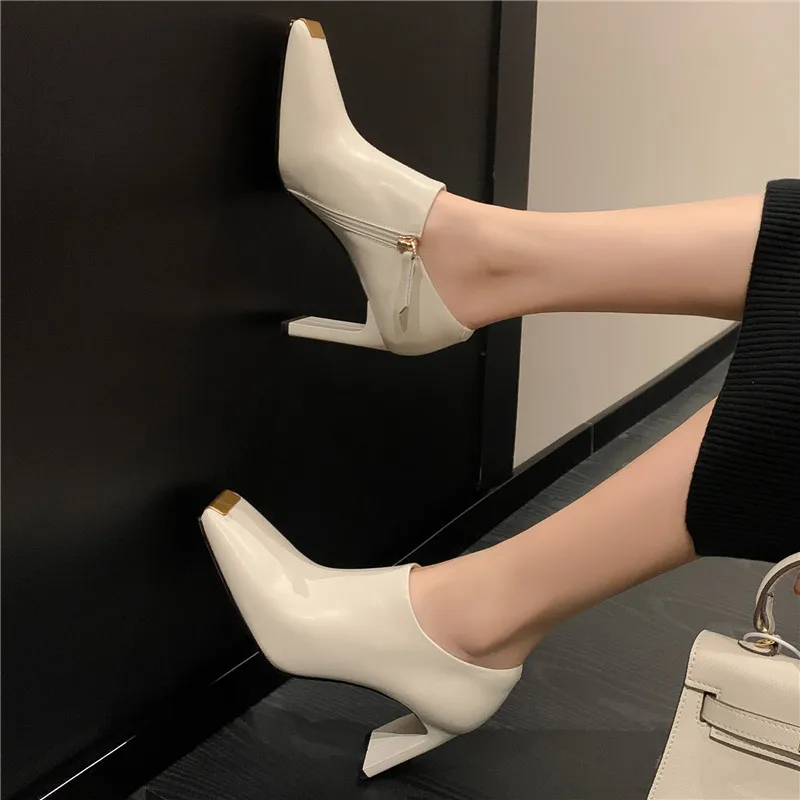 Genuine leather zipper dress pumps with thick high heels - Image 5