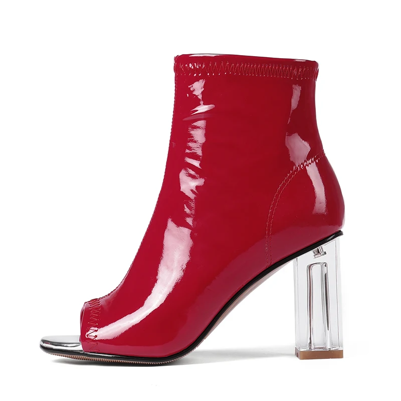 Peep toe chunky heel ankle boots in black and red - Image 2