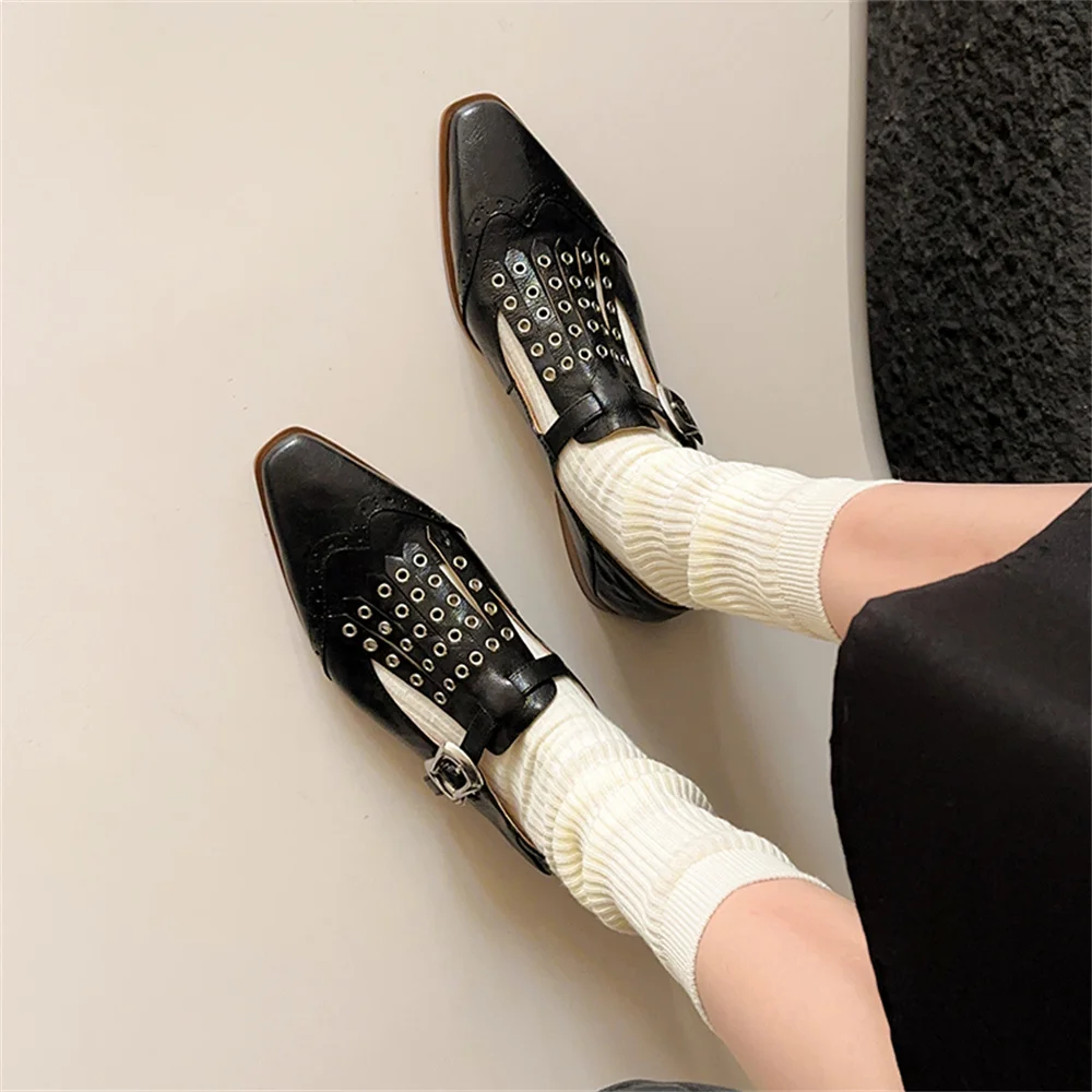 Punk rivet genuine leather low heel pumps - Image 4