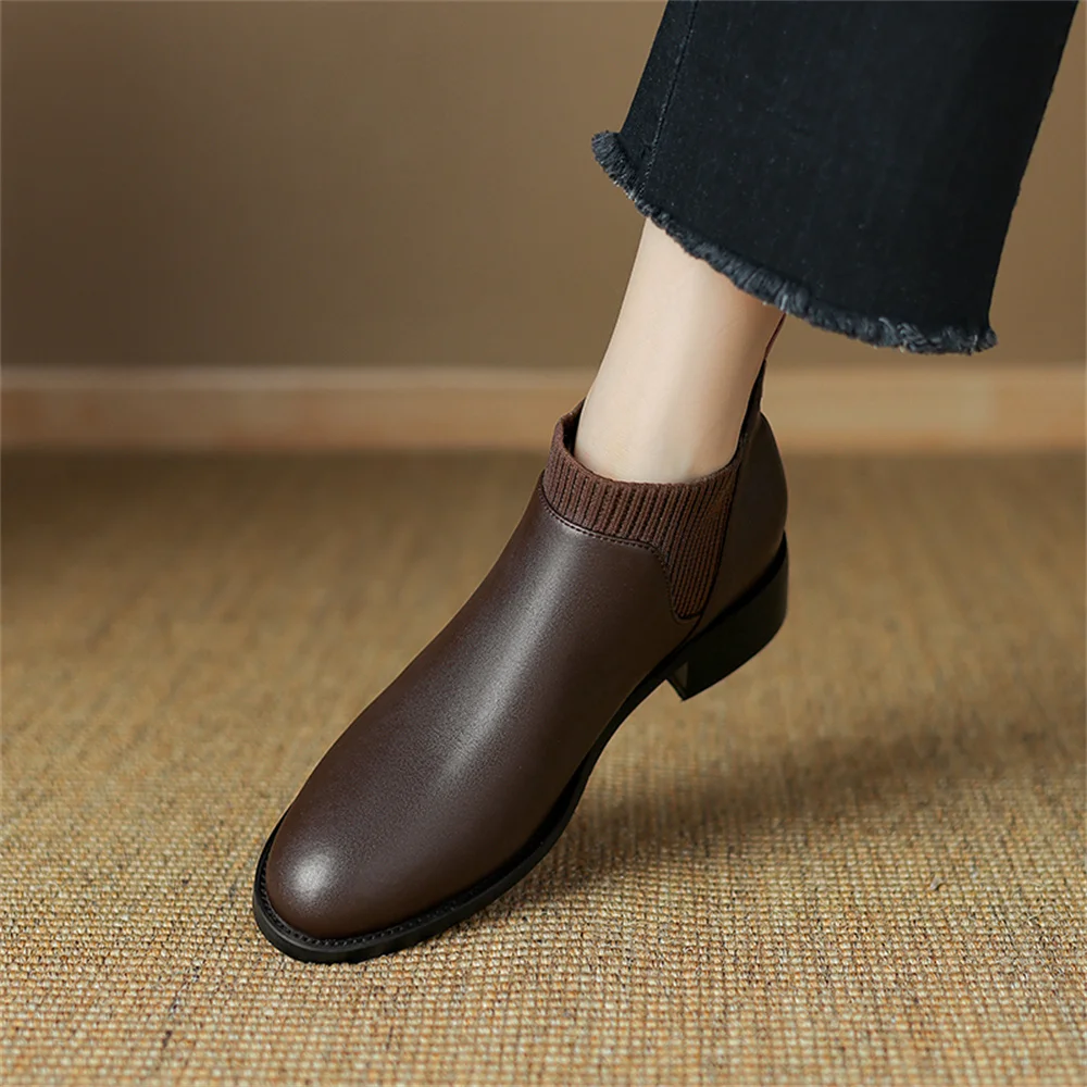 Genuine leather ankle boots round toe fashion comfortable warm black brown - Image 2