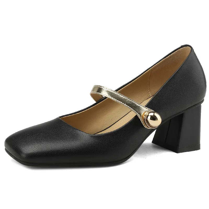 Genuine leather vintage square toe high heels mary janes shoes - Image 2