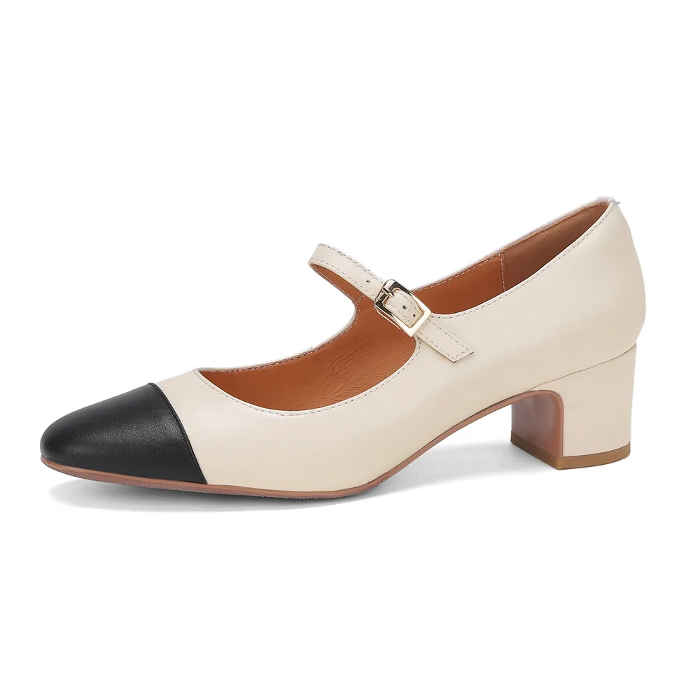 Genuine leather thick heeled mary jane pumps with buckle strap - Image 11