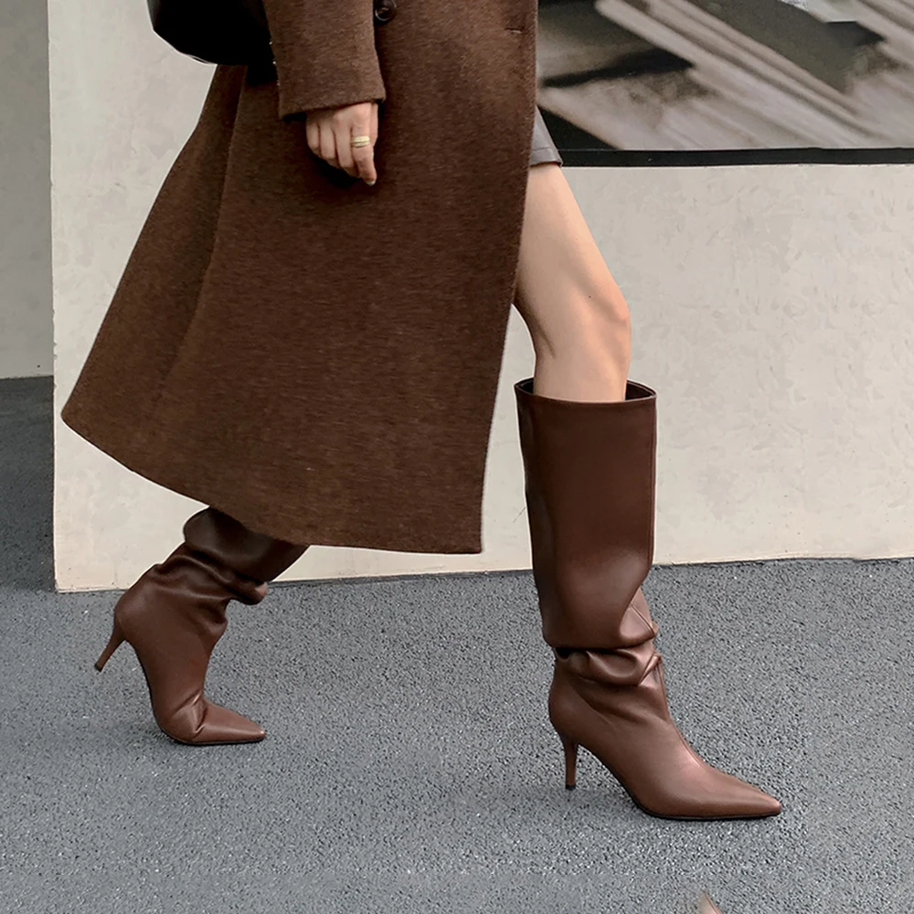 Pleated design pointed toe high heel wide calf boots - Image 4