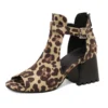 Leopard print open-toe block heel ankle boots