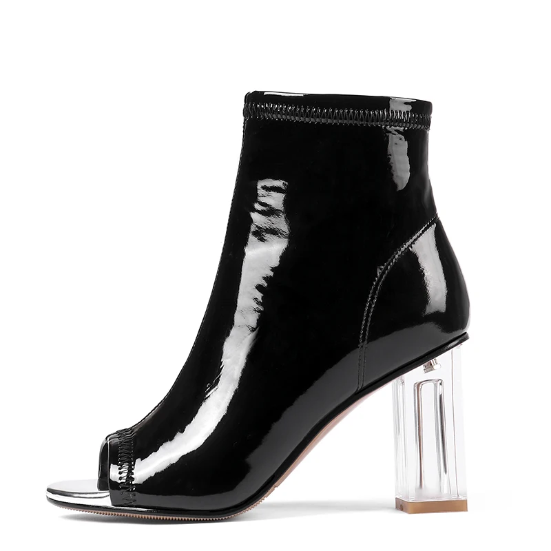 Peep toe chunky heel ankle boots in black and red - Image 4