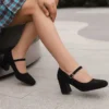Flock buckle strap block heels for daily wear