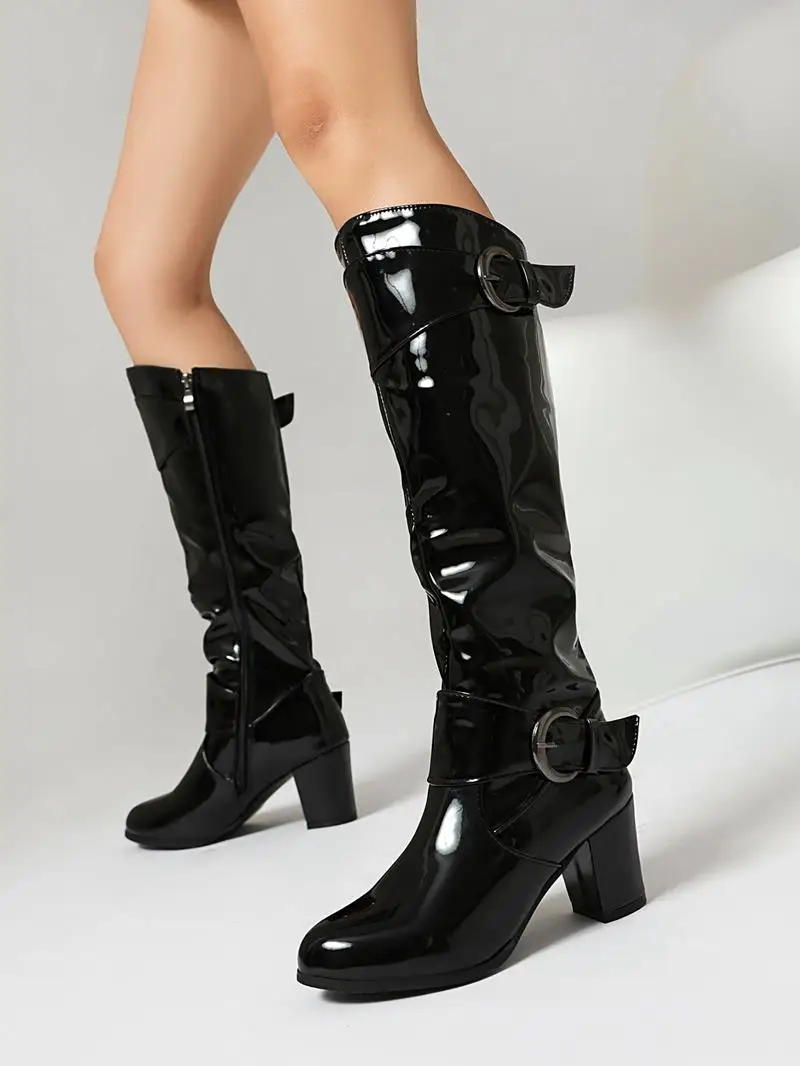 Plus size block high heels knee high boots with zipper and buckle - Image 7