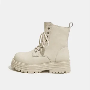 Leather ankle combat boots with thick heels and platform