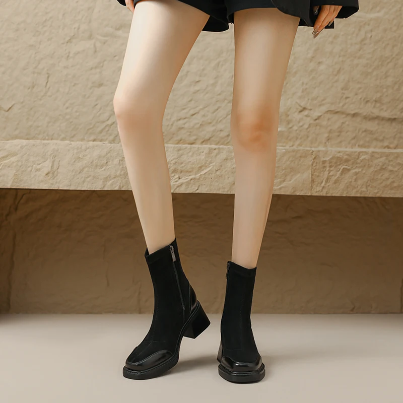 Stretch fabric chunky heeled ankle boots in black and brown - Image 2