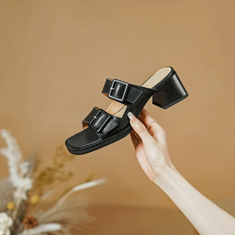 Genuine leather chunky heeled sandals open toe casual shoes - Image 6