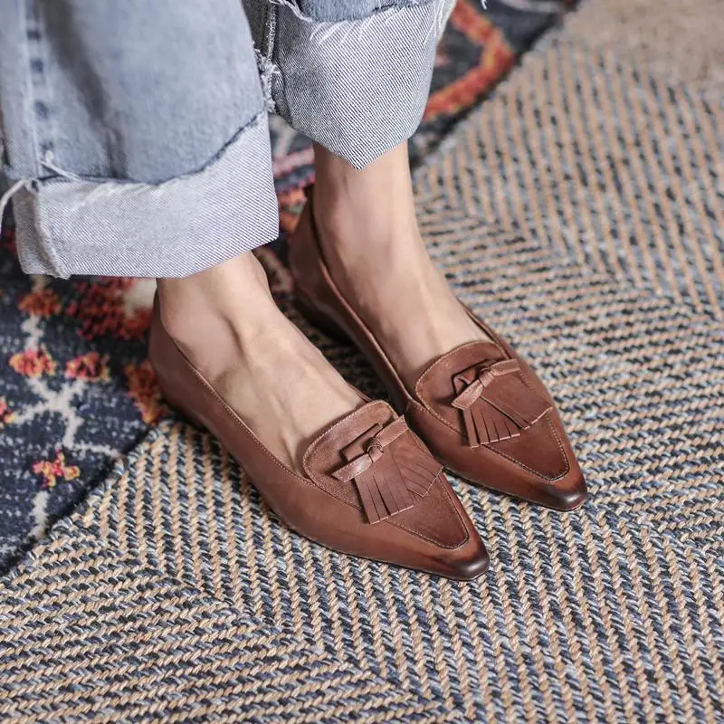 Genuine leather low heels pointed toe vintage office shoes - Image 10