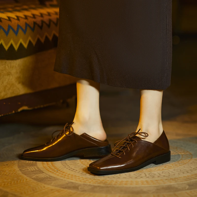 Genuine leather lace up low heel pumps for office - Image 11