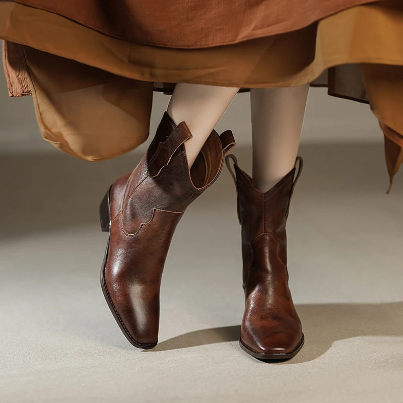 Retro square toe slip on mid calf boots with square heels in genuine leather - Image 4