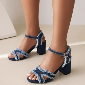 Open toe denim high heel sandals with lace edge and elastic buckle