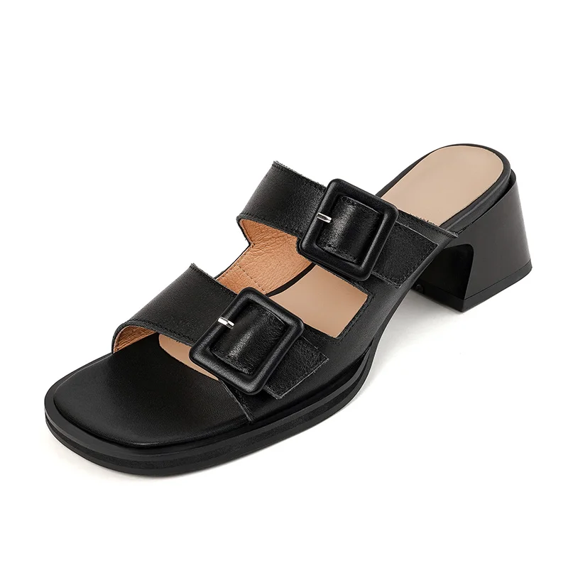 Genuine leather chunky heeled sandals open toe casual shoes - Image 4