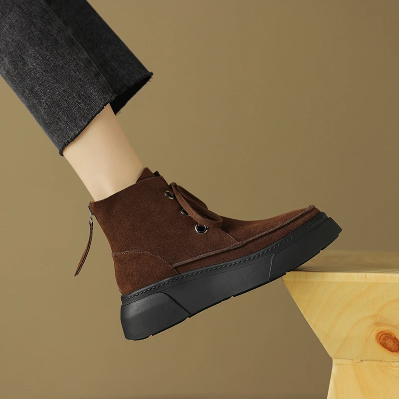 Cow suede leather ankle boots with chunky heels and zipper - Image 6