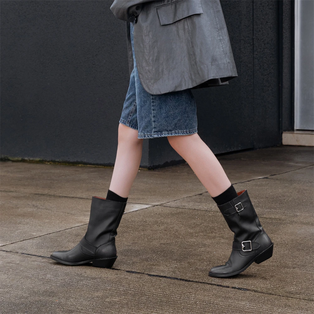 Mid-calf leather motorcycle boots with metal decoration - Image 7