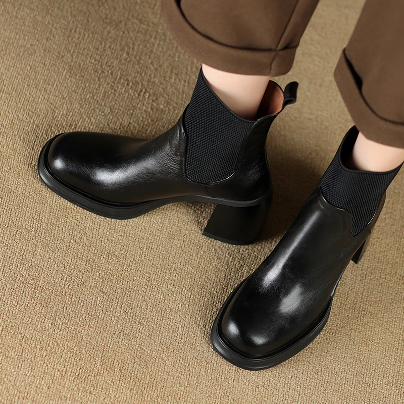 Genuine leather black round toe high heel chelsea ankle boots - Image 5