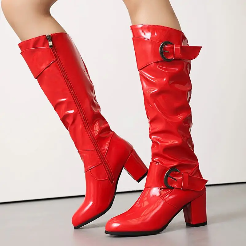 Plus size block high heels knee high boots with zipper and buckle - Image 5