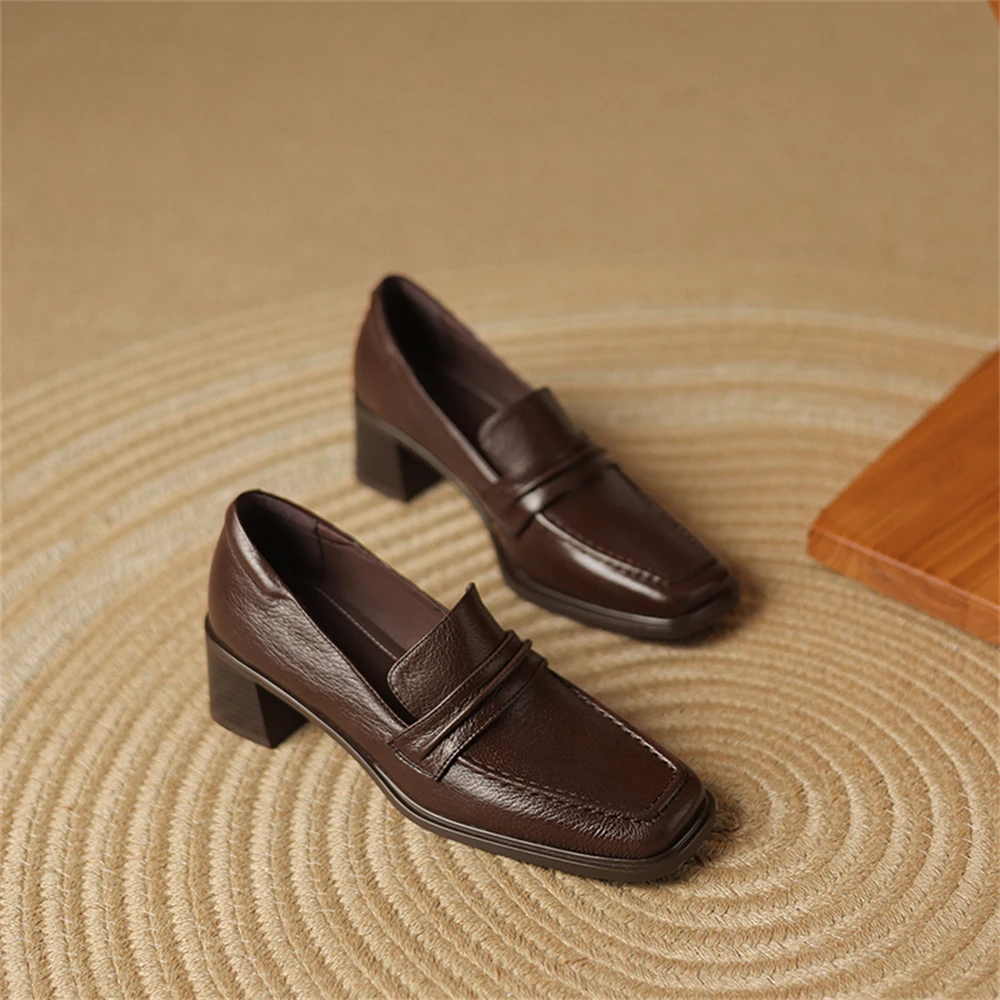 Retro genuine leather high heel pumps with square toe - Image 8